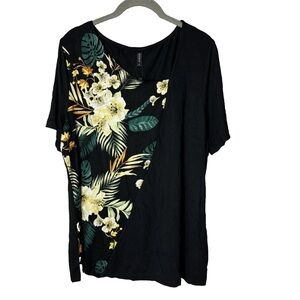 NEW AYIFU Blouse Size XL Top Short Sleeves Floral Stretch Black Green Yellow